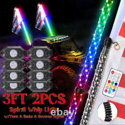 8-Pods RGB LED Rock Lights + 2x 3ft Lighted Spiral LED Whip Antenna Flag Remote