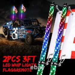 Pair 3ft RGB Spiral Lighted LED Whip Antenna + Flag & Remote for Polaris ATV UTV